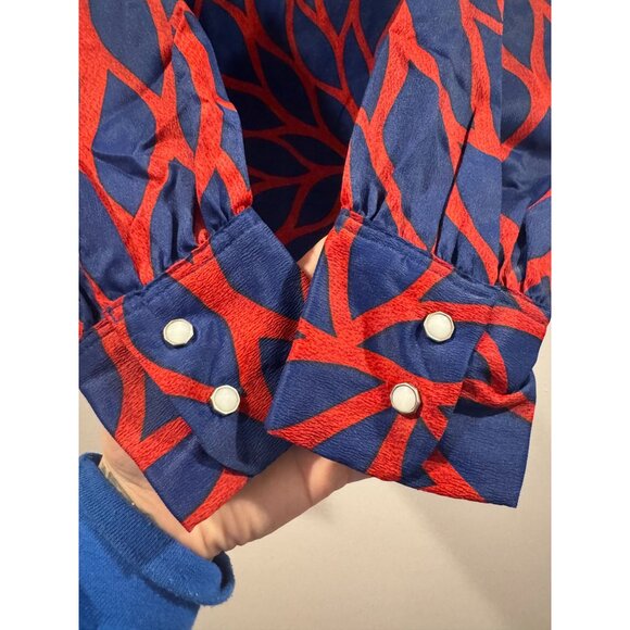 VTG 70s Red & Blue Abstract MCM Print Long Sleeve Blouse Pocket & Lapel Collar - Picture 10 of 10
